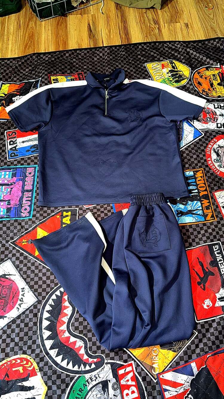 Navy Quarter Zip Short Sleeve Funnel Neck Tracksuit Set